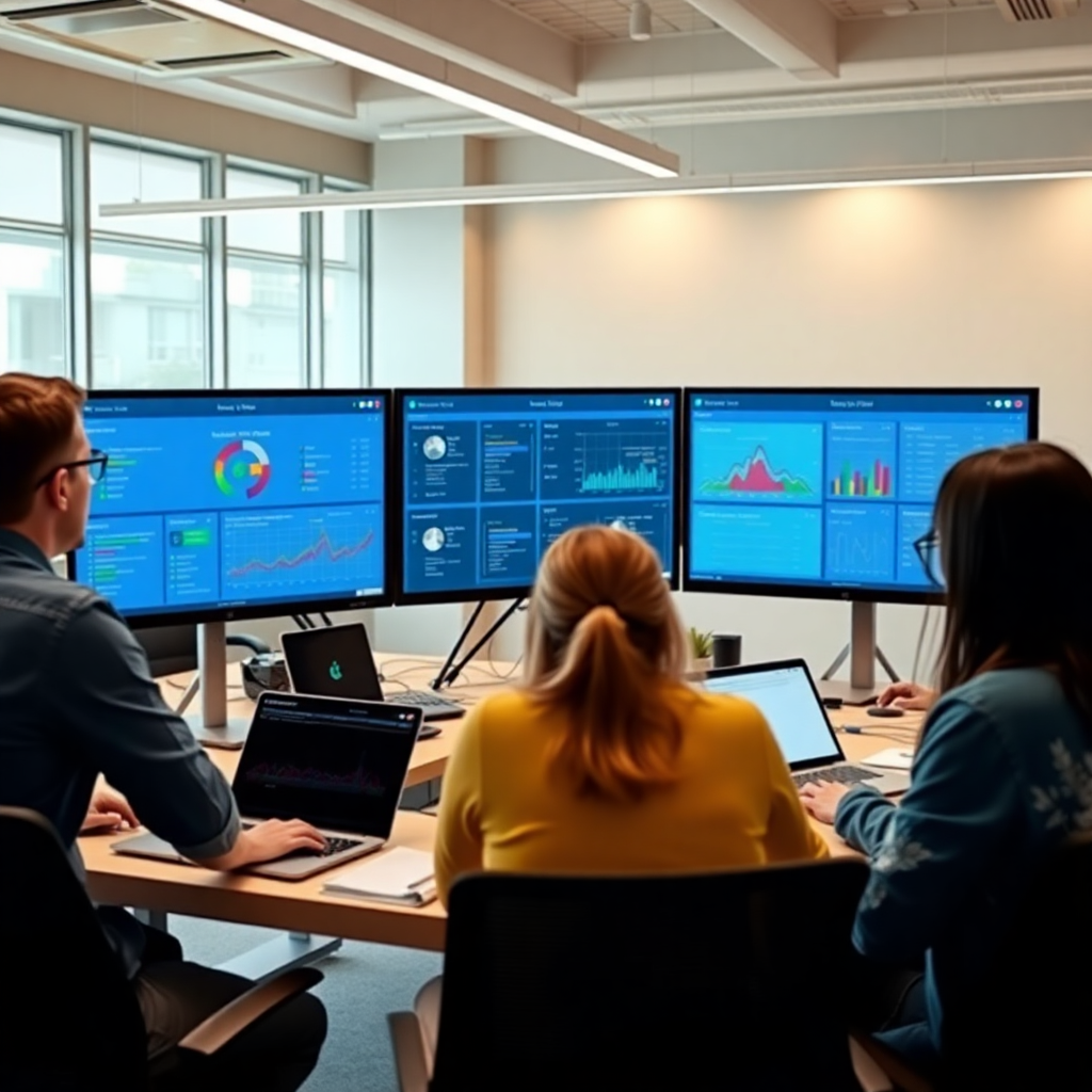Team collaboration workspace with multiple monitors showing analytics dashboards
